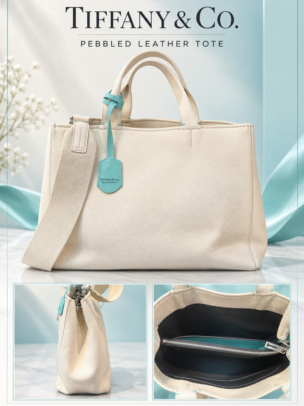 CW013 Tiffany & Co. Cream Leather Tote with Tiffany Blue accents*Crossbody